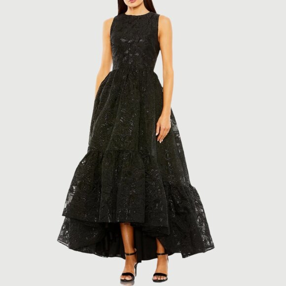 Mac Duggal 20714 Womens Size 12 Black Sleeveless High Low Brocade Gown Dress - Picture 2 of 4
